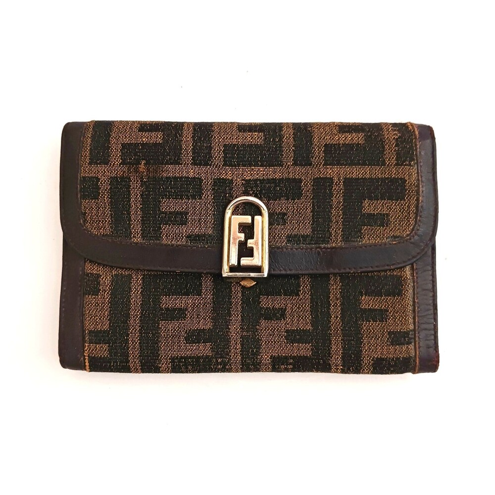 FENDI Zucca  Jacquard Vintage Wallet Flap Front Trifold Brown Leather Italy 6X4